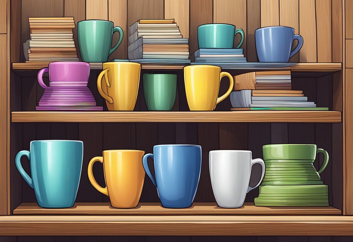 A stack of colorful mugs arranged on a wooden shelf, with a cash register and a line of customers in the background