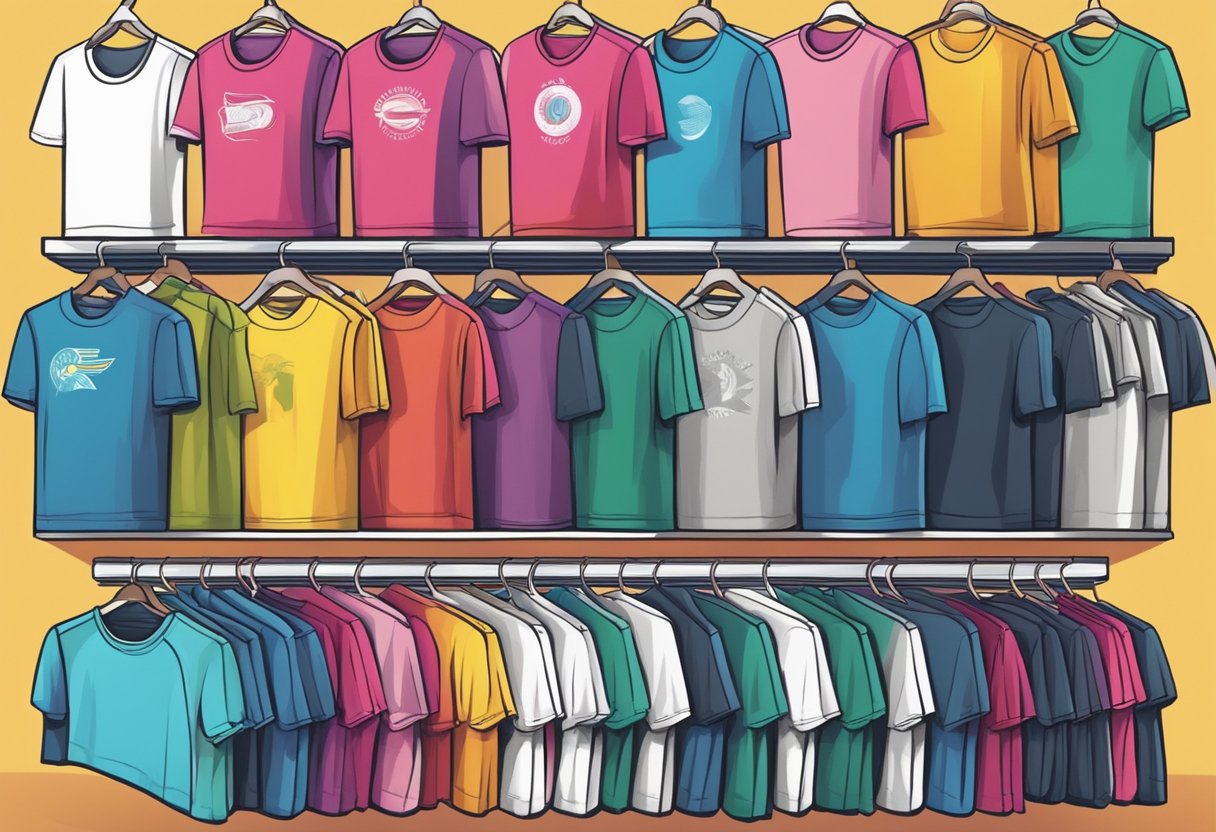 A colorful array of t-shirts arranged in a visually appealing display, with various designs and patterns, ready for marketing