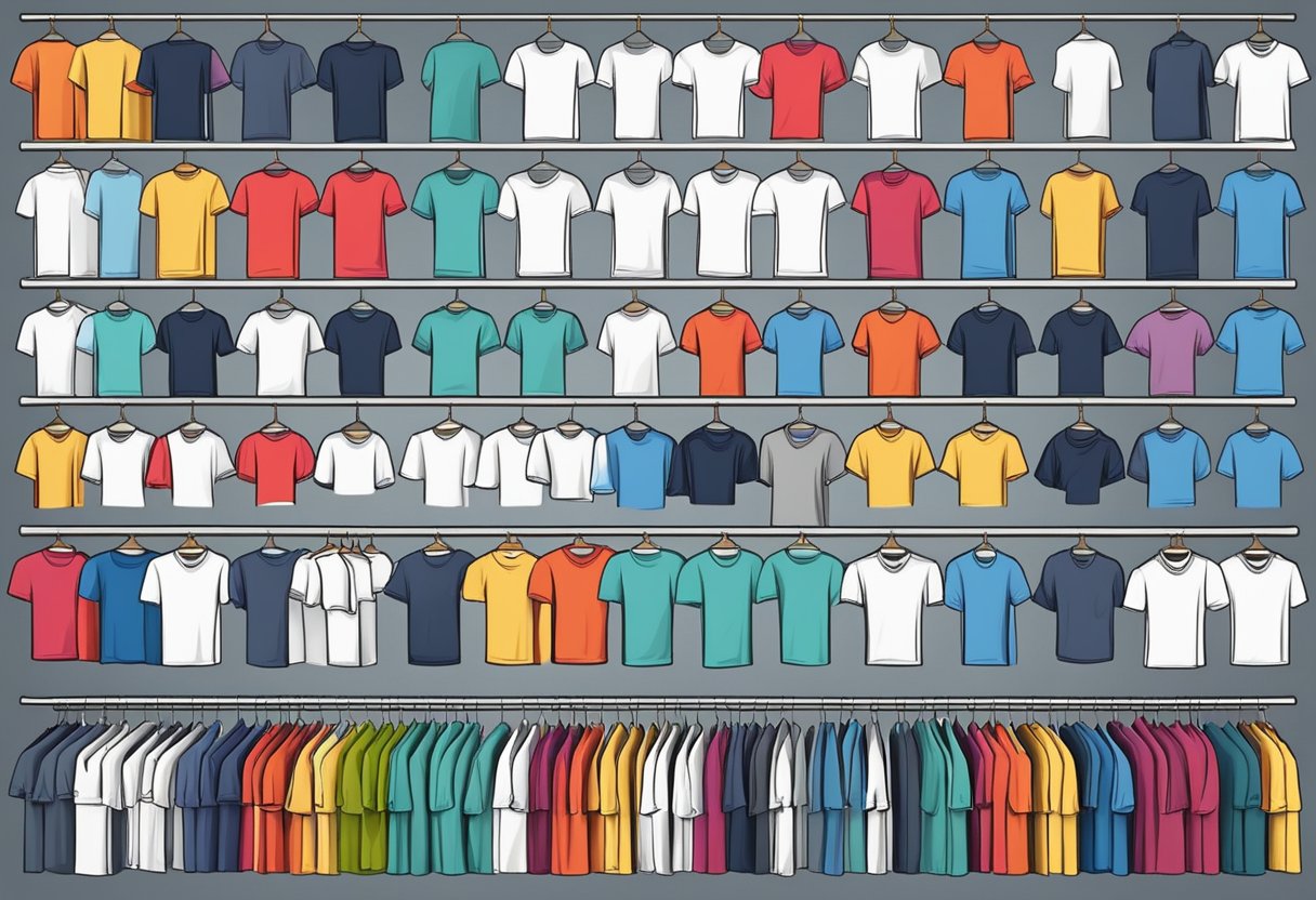 A colorful array of t-shirts arranged on a display rack, with various designs and sizes, ready for marketing