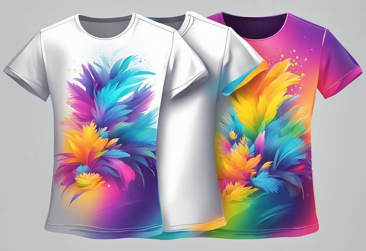 A vibrant t-shirt design being displayed on a clean, white background with bright lighting, showcasing the product for marketing purposes