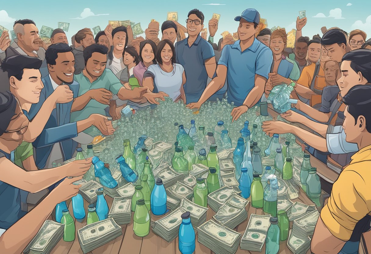 A table with a variety of water bottles displayed, surrounded by a crowd of people with cash in hand