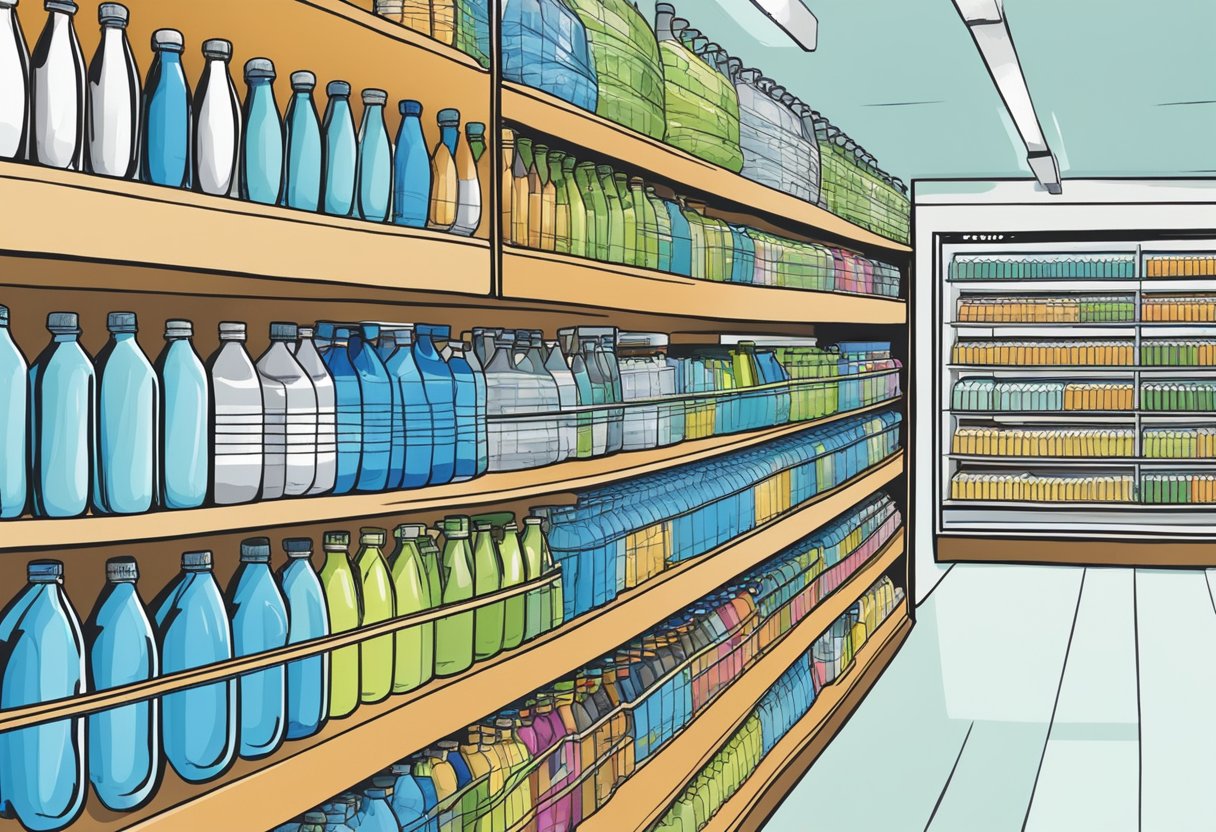 A display of various water bottles arranged on shelves with a customer reaching for one