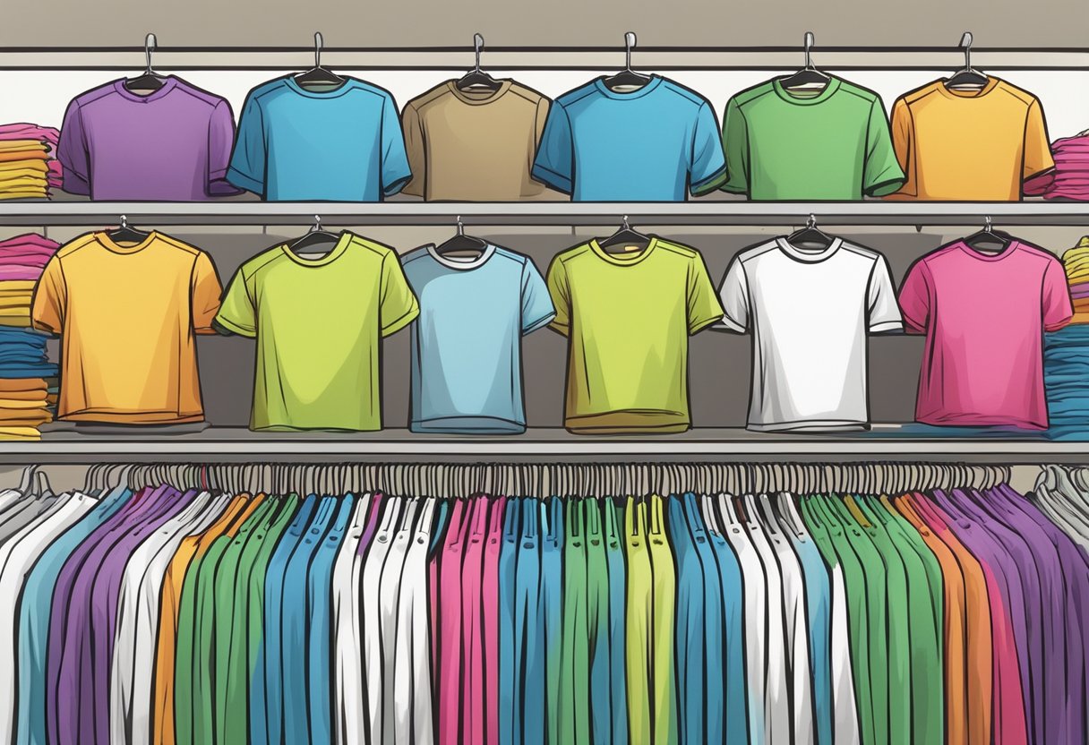 A group of colorful t-shirts arranged neatly on a display rack in a bustling retail store. Bright lights illuminate the area, drawing attention to the various designs and sizes available for purchase