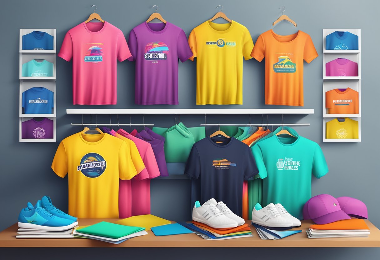 A group of colorful t-shirts arranged in a creative display, surrounded by promotional materials and marketing props