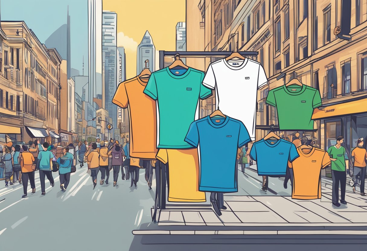 A colorful t-shirt with bold branding displayed on a busy city street