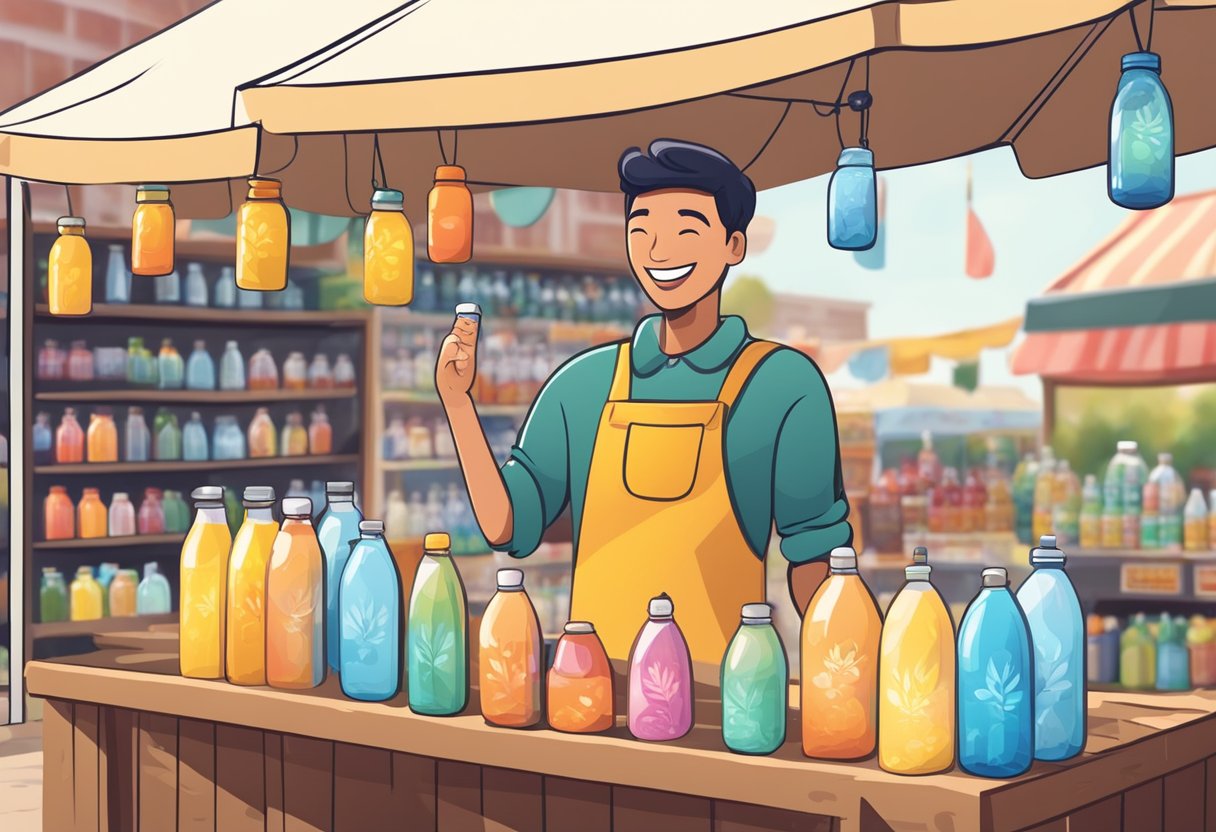 A person at a market stall, smiling and offering water bottles to customers. The stall is colorful and inviting, with a variety of water bottle designs on display