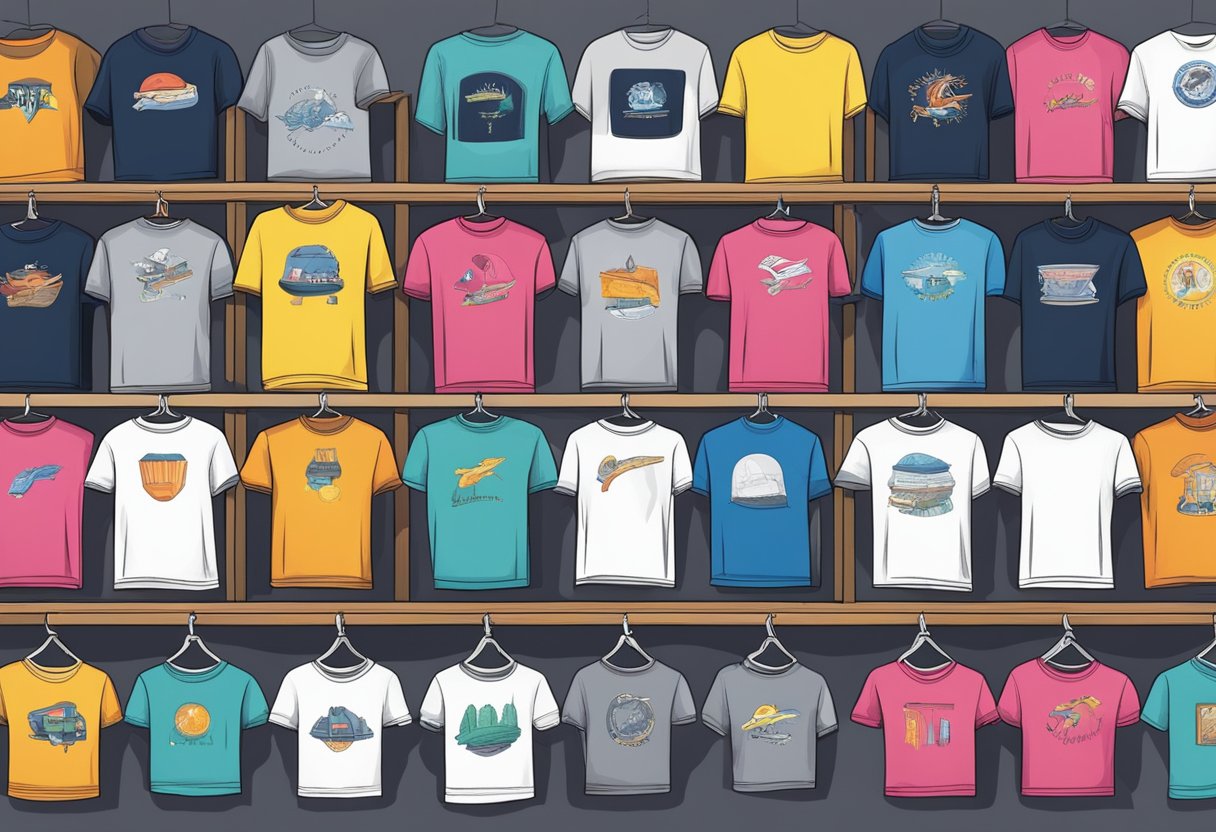 A colorful array of t-shirts arranged in a visually appealing display, with various designs and styles showcased