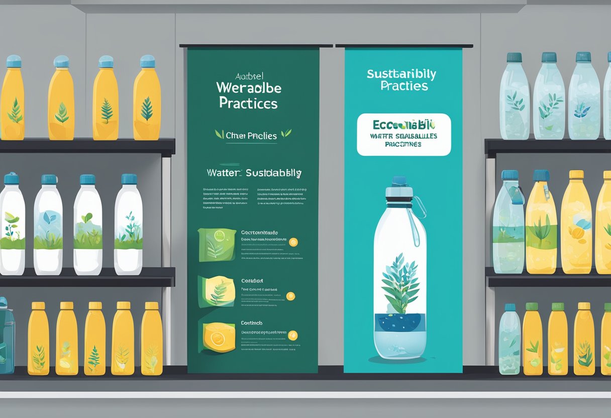 A table displaying various reusable water bottles with eco-friendly packaging and labels. A banner with "Sustainability Practices" hangs above the display