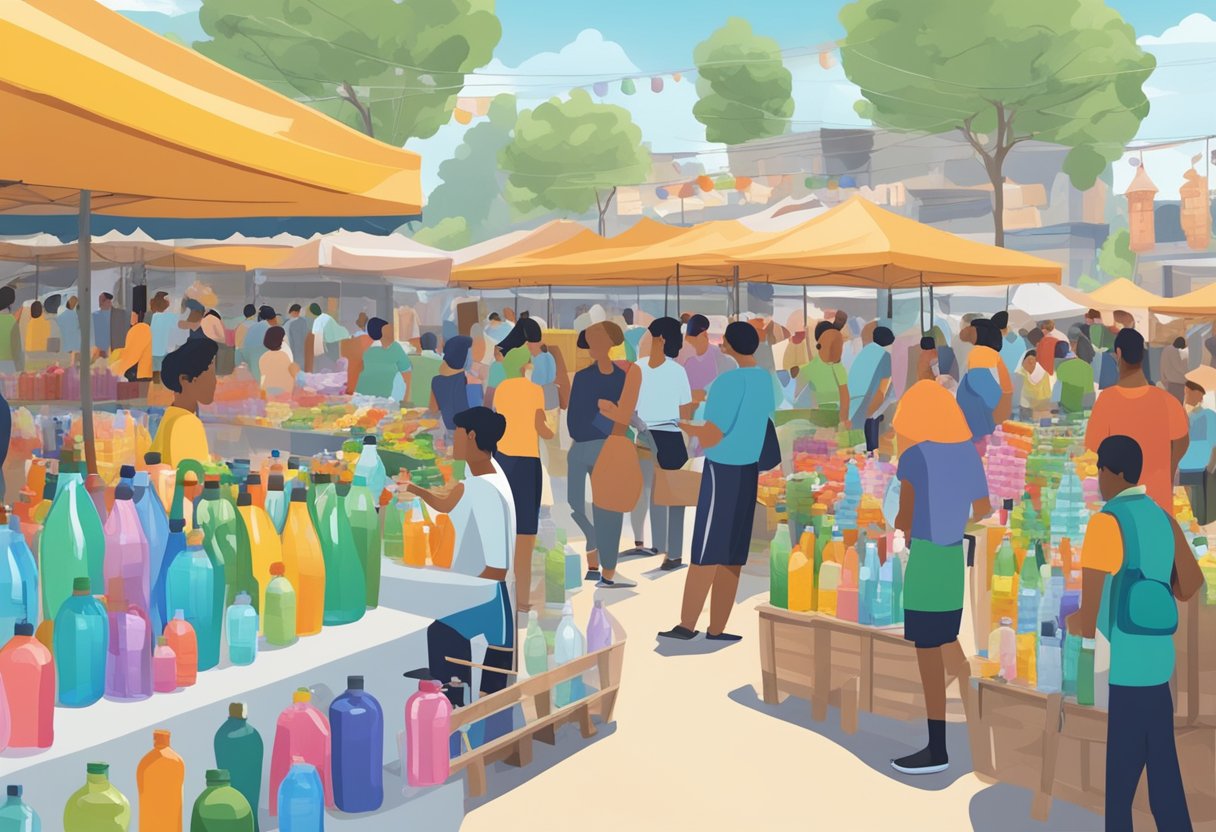 A bustling marketplace with a colorful array of water bottles on display, surrounded by eager customers and vendors