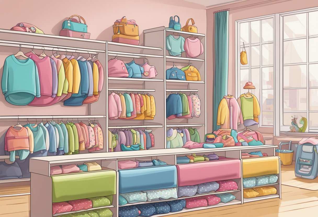 A colorful array of baby clothing items arranged neatly on display shelves with a sewing machine and fabric in the background