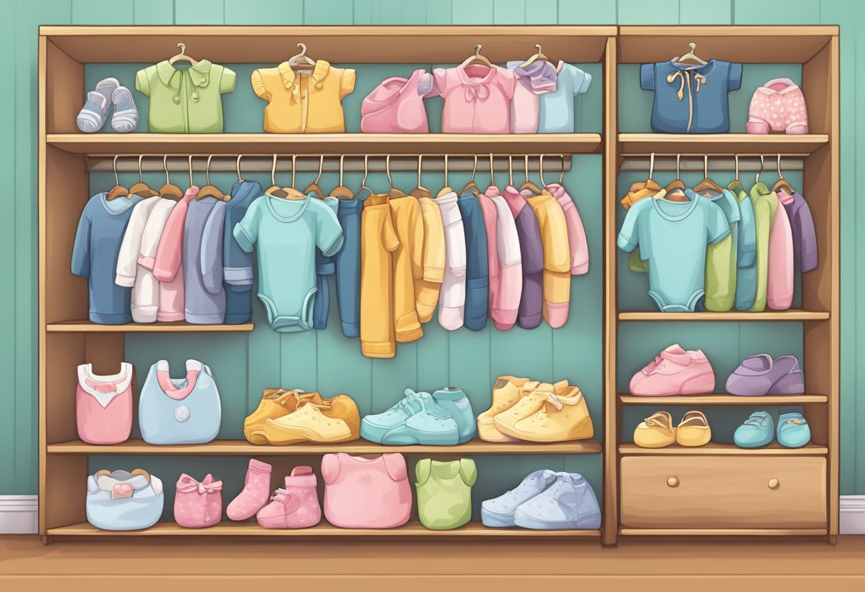 A colorful array of baby clothing displayed on shelves, with soft onesies, tiny socks, and adorable rompers, creating a charming and inviting atmosphere for potential customers