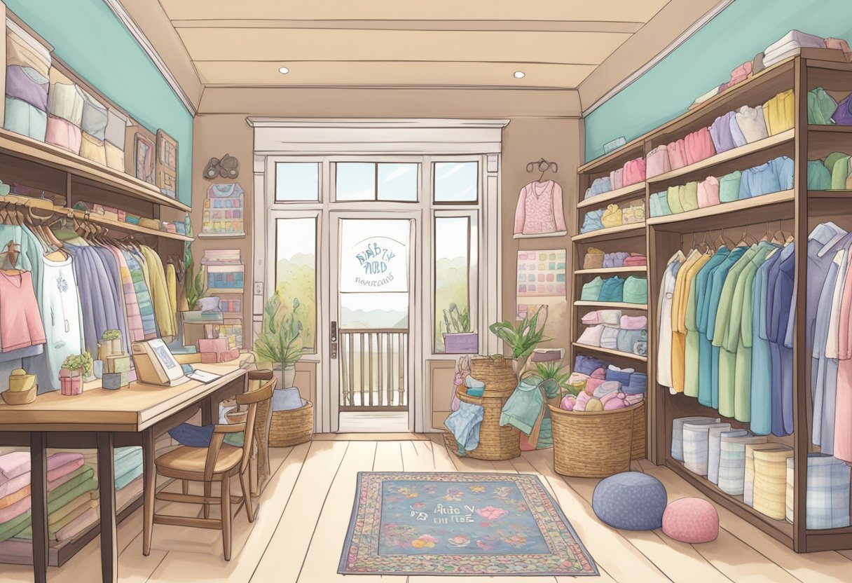 A small, cozy storefront with a sign reading "Baby Threads" and shelves displaying colorful, soft baby clothes. A designer sketches new designs at a desk, surrounded by fabric swatches and sewing supplies