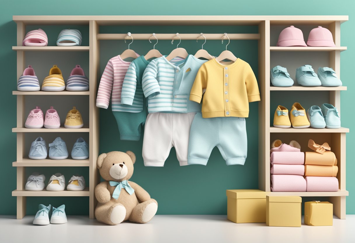 A playful array of colorful baby clothing items arranged neatly on a display shelf, with a logo and branding materials placed nearby