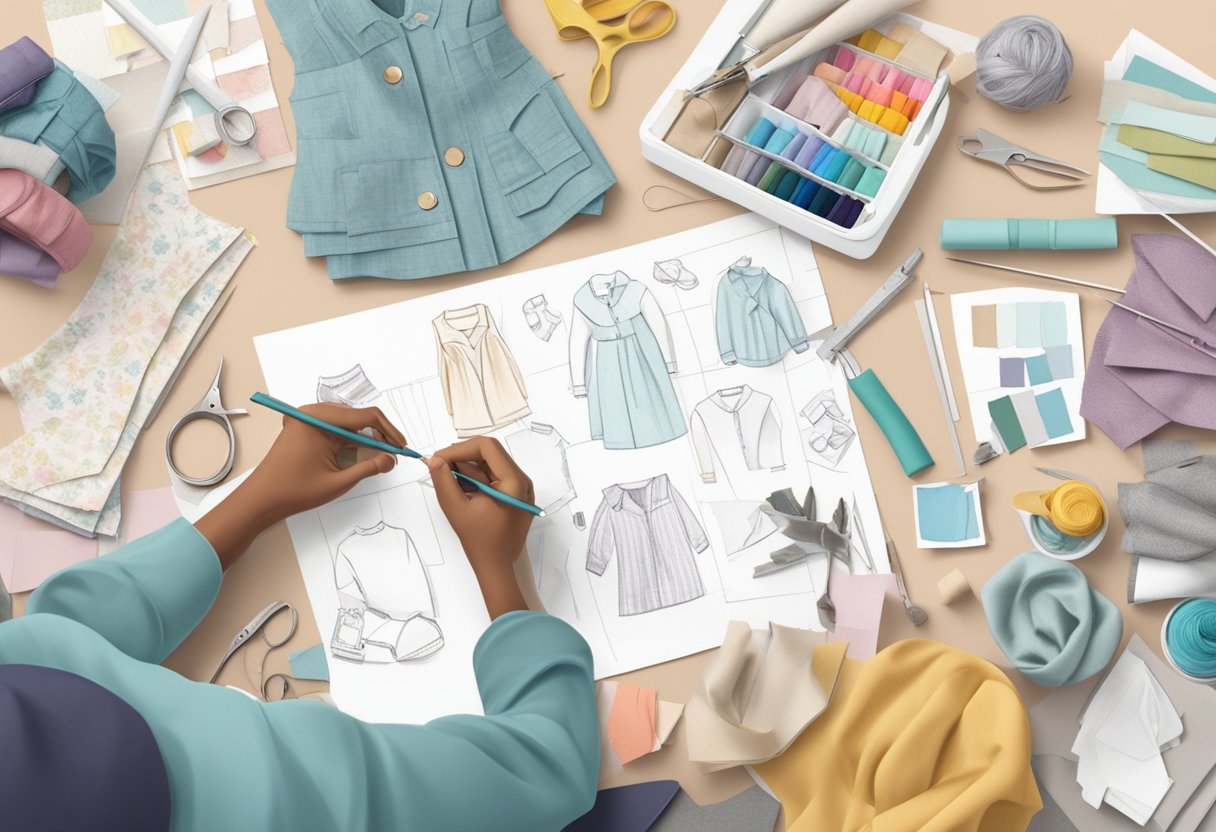 A designer sketches baby clothing concepts while surrounded by fabric swatches, sewing tools, and a mood board for inspiration