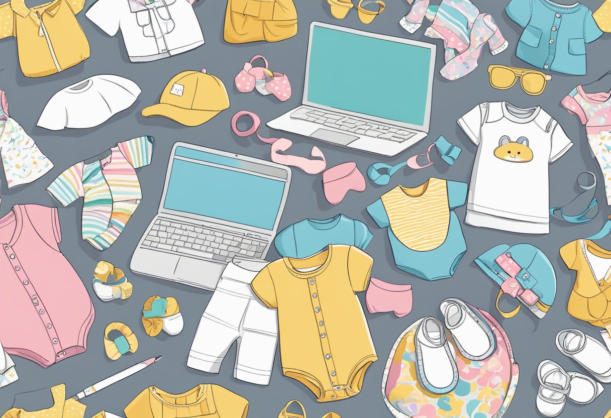 A colorful array of baby clothing designs displayed on a table, surrounded by sketches, fabric swatches, and a laptop with financial spreadsheets