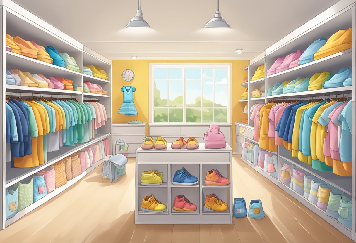 A colorful array of baby clothing items arranged neatly on display shelves in a bright and inviting retail space