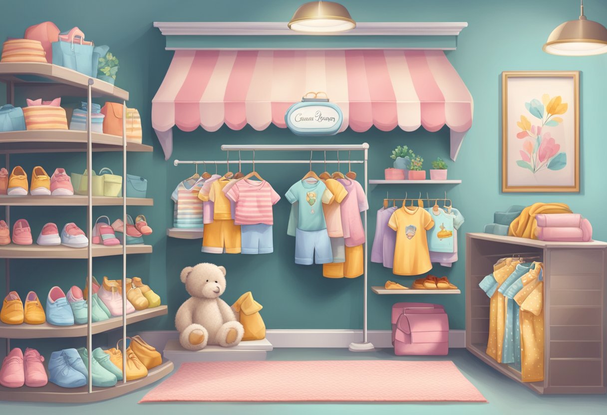 A cozy boutique with colorful baby clothes displayed on shelves, a computer with an online store open, and a sign reading "Grand Opening."