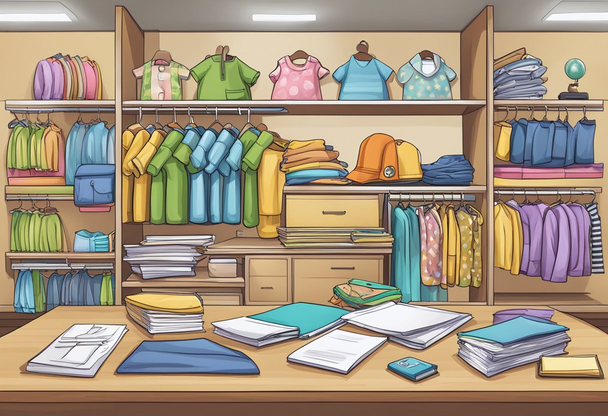 A colorful array of baby clothing designs displayed on shelves, with a stack of legal documents and permits on a desk