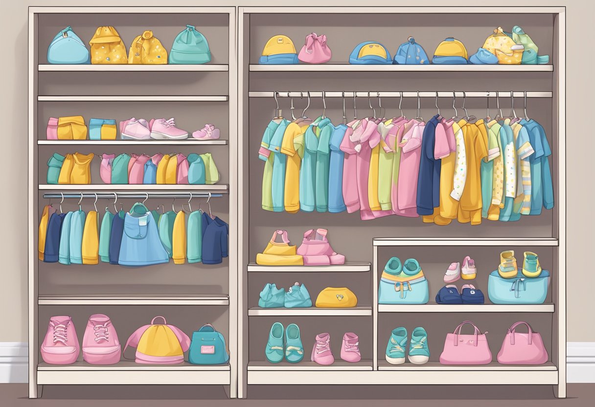 A colorful display of baby clothing items arranged neatly on shelves with a banner overhead promoting the new clothing line