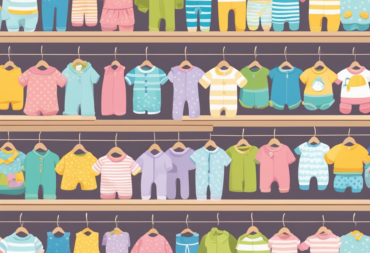 A colorful array of baby clothing items, from onesies to tiny socks, arranged neatly on shelves and racks in a bright, inviting store setting