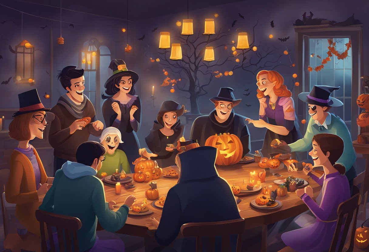 A group of adults gather around a table, exchanging unique Halloween gifts with excitement and laughter. The room is decorated with spooky and festive decorations, creating a fun and festive atmosphere