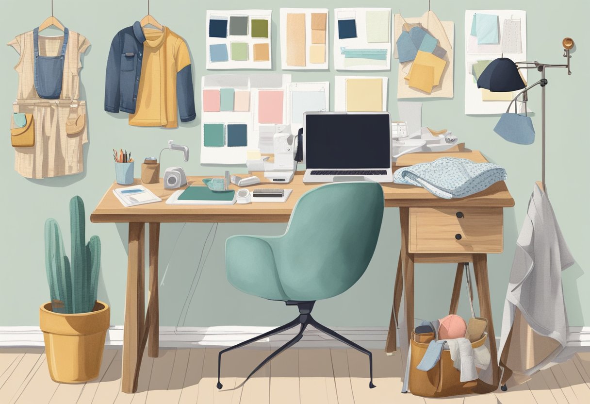 A work desk with a computer, sketchbook, fabric swatches, and sewing machine. A mood board with baby clothing designs pinned to the wall