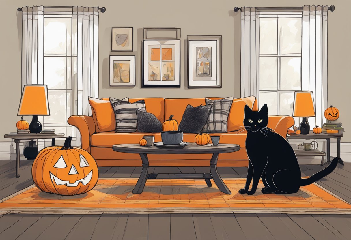 A cozy living room adorned with spooky decorations: a jack-o-lantern, black cat figurines, and a witch's broom. Orange and black throw pillows add a festive touch to the couch