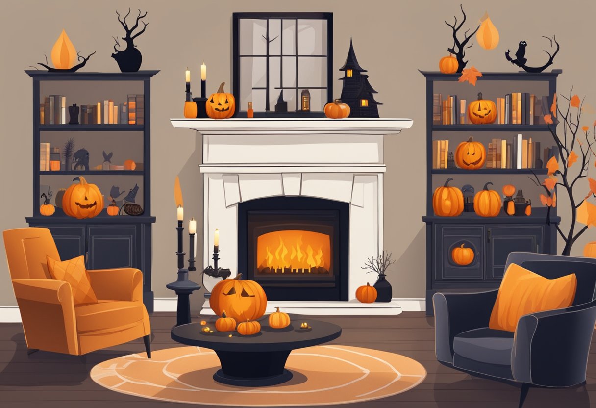 A cozy living room with a crackling fireplace, shelves adorned with spooky decorations, and a table set with personalized Halloween gifts for adults