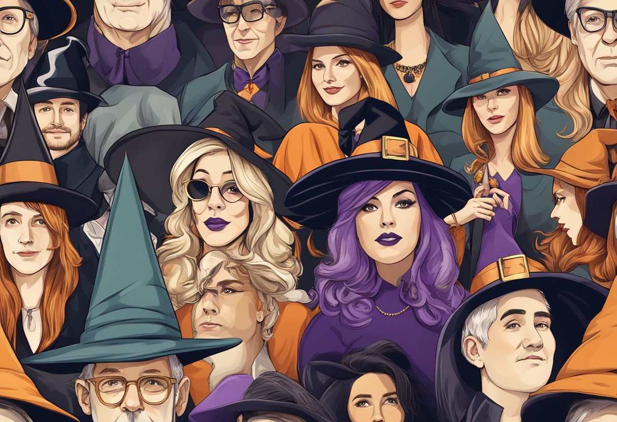 A group of adults wearing stylish Halloween costumes and accessories, such as witch hats, capes, and spooky jewelry, while attending a festive party