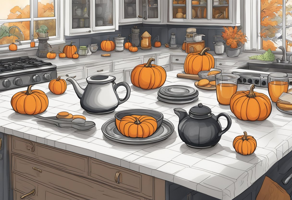 A kitchen counter adorned with Halloween-themed gadgets and accessories, including spooky cookie cutters, pumpkin-shaped serving dishes, and witchy tea towels