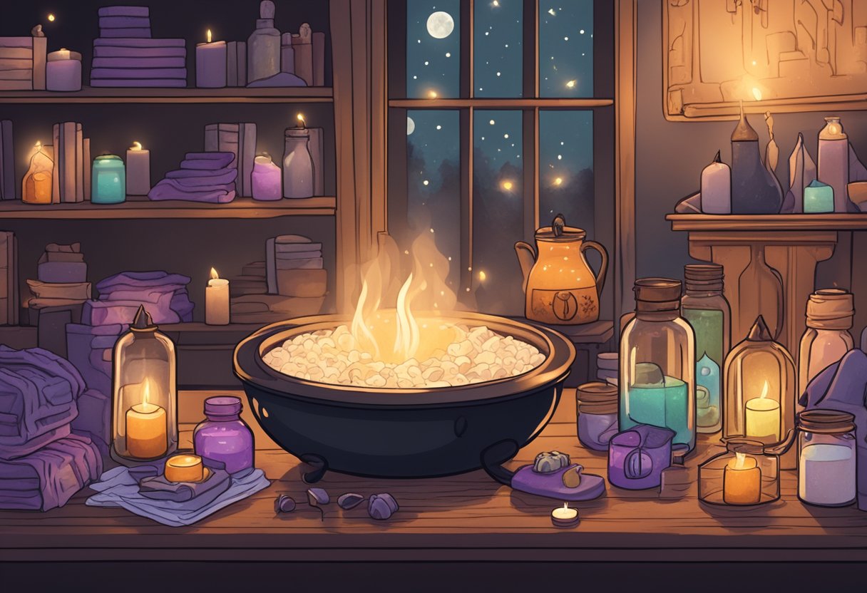 A cozy, dimly lit room with a bubbling cauldron of bath salts, flickering candles, and a pile of spooky-themed self-care products