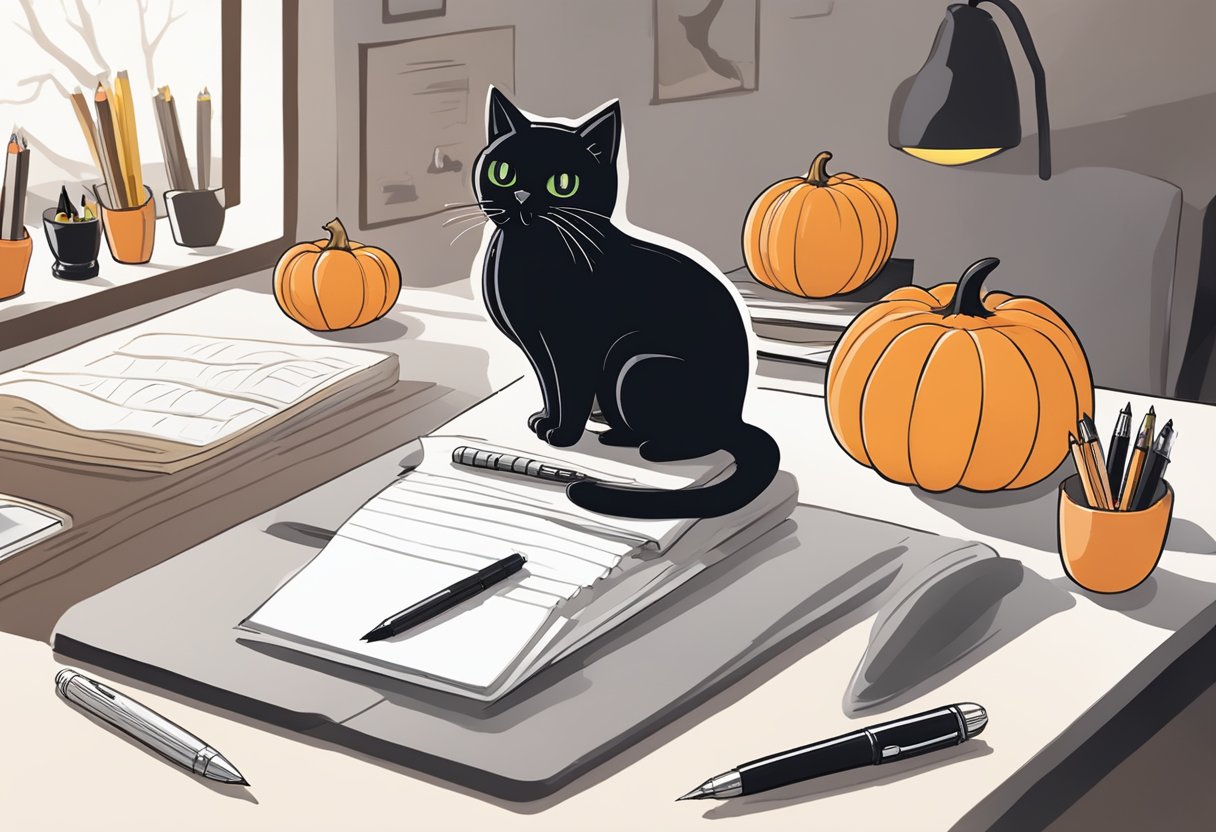 A desk adorned with spooky decor - a black cat figurine, a pumpkin-shaped stress ball, and a ghost-shaped pen holder