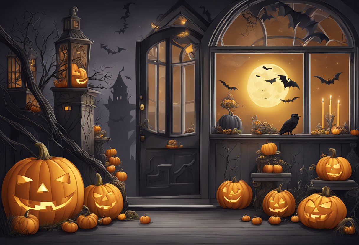 A spooky Halloween gift display with pumpkins, bats, and eerie decorations