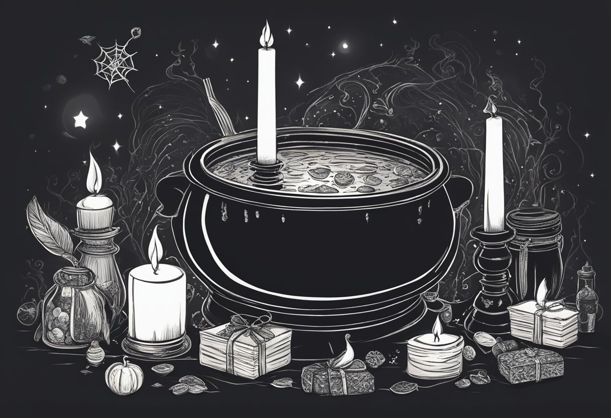 A witch's cauldron bubbling with spooky adult Halloween gifts - candles, potions, and eerie trinkets on a dark, mystical table