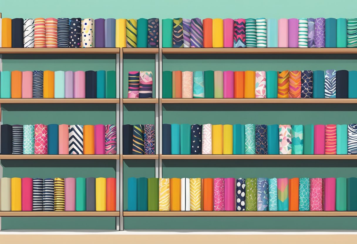 A colorful array of patterned leggings displayed on shelves in a modern, minimalist boutique