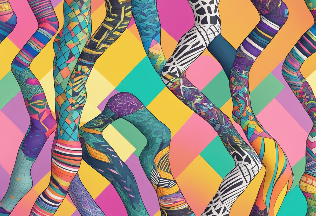 A colorful array of printed leggings displayed on a virtual storefront, with various patterns and designs showcasing the versatility of print on demand