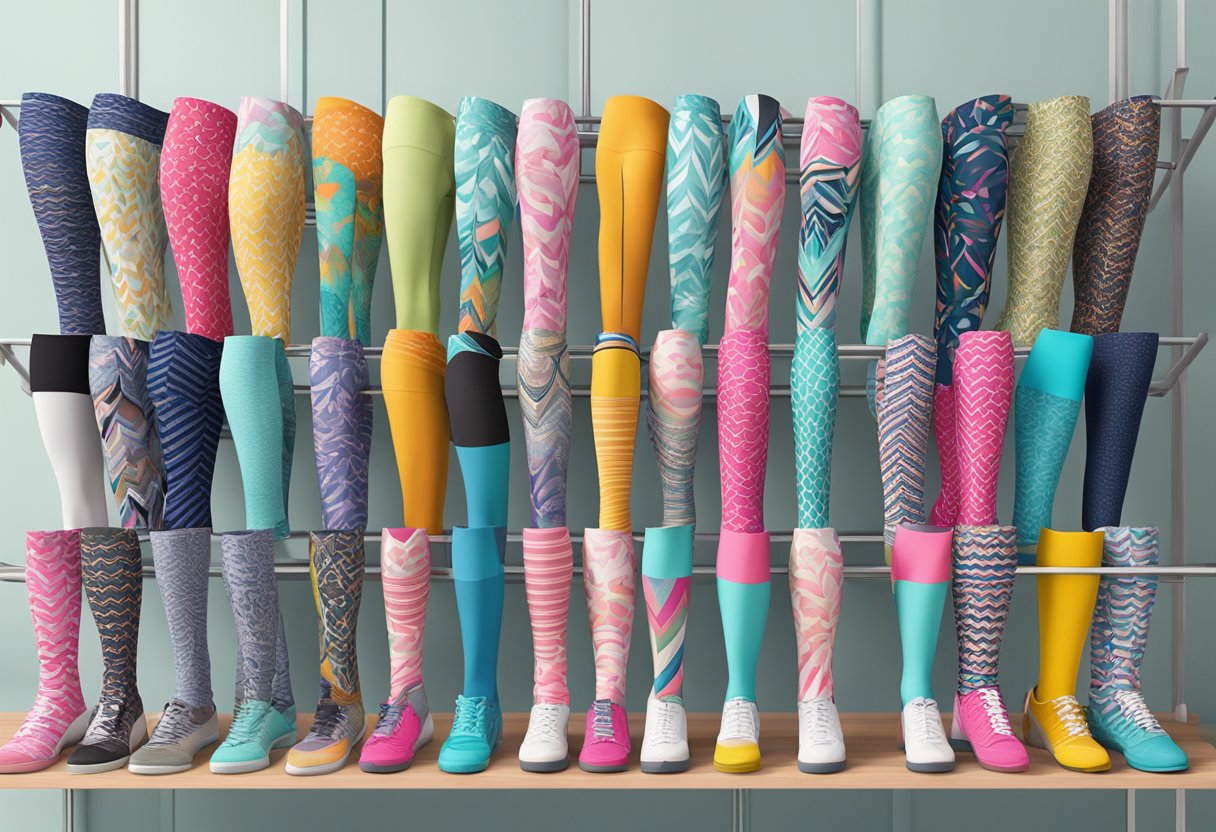 A colorful array of patterned leggings arranged on a display rack in a bright, modern boutique setting