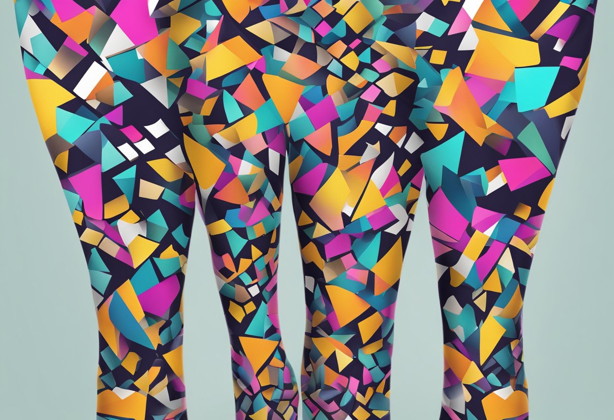 A colorful array of abstract shapes and patterns scattered across a pair of leggings, creating a vibrant and eye-catching design