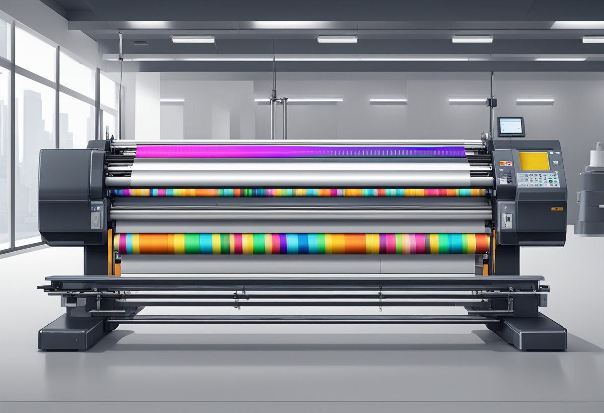 A modern, industrial-looking printing machine producing colorful leggings on demand