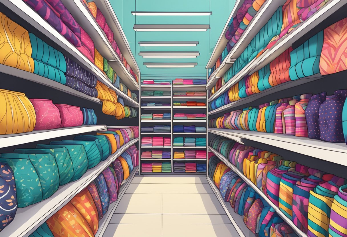 A colorful array of patterned leggings displayed on shelves in a bright, modern retail space