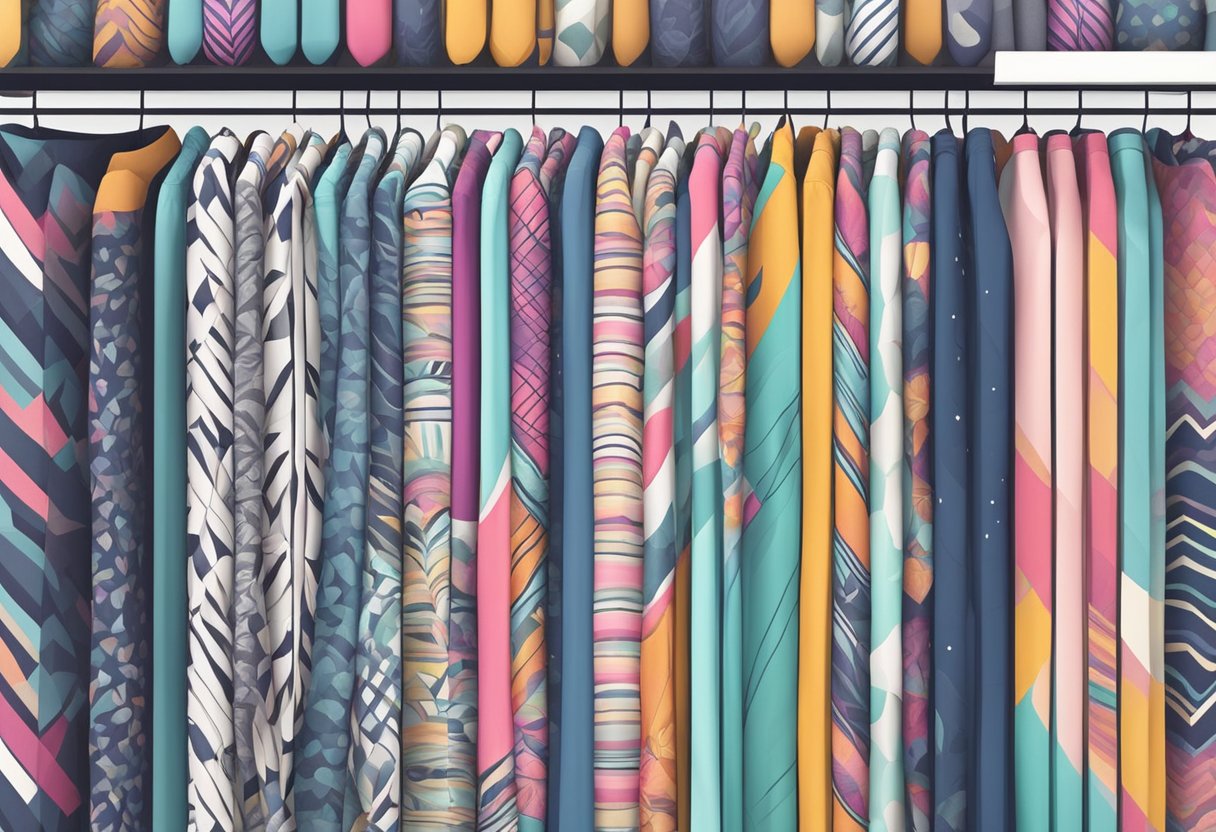 A colorful array of leggings with various patterns and designs, displayed on a sleek and modern retail shelf