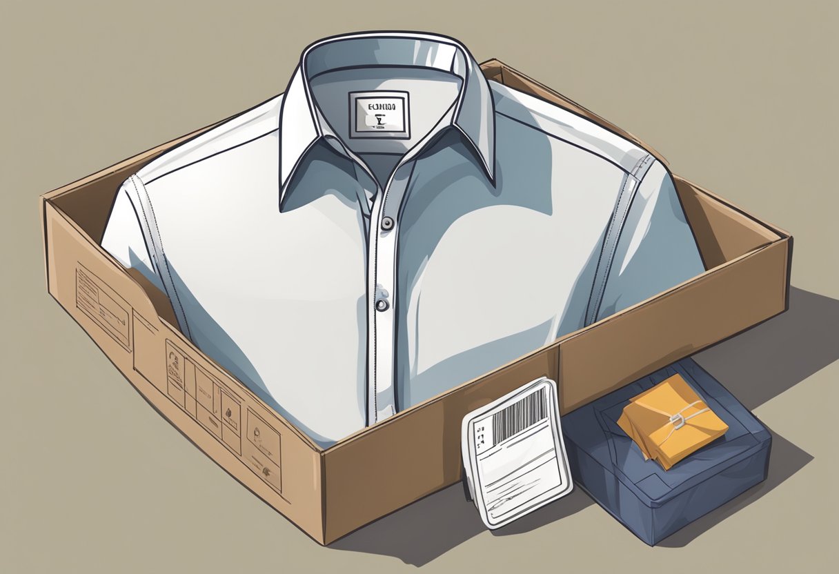 A shirt in a cardboard box on a scale, with a shipping label and packing materials nearby