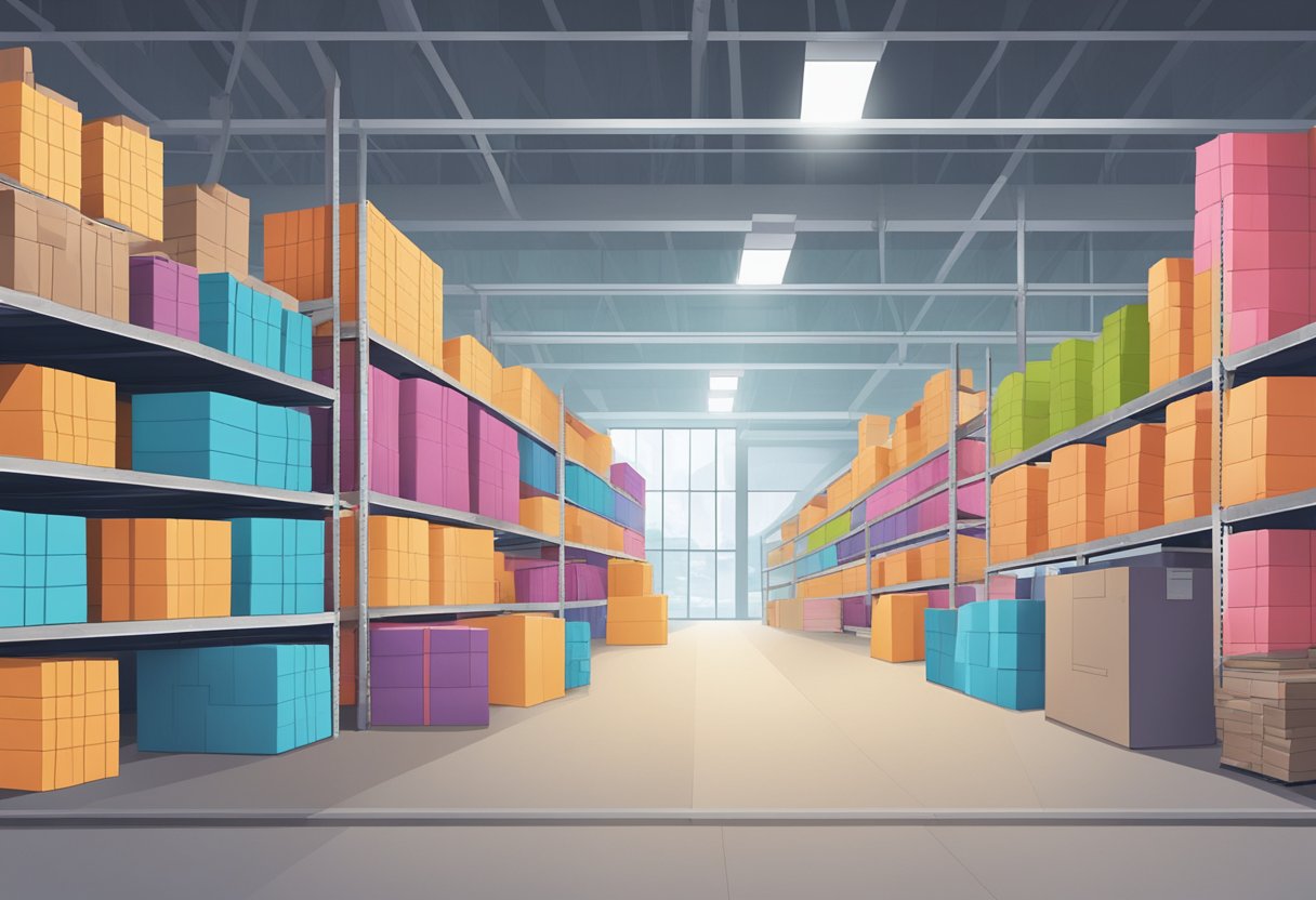 A warehouse full of neatly stacked boxes of colorful leggings, with a conveyor belt and shipping area nearby