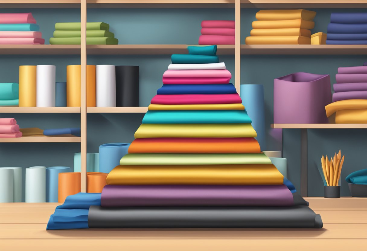 A stack of colorful leggings arranged in a pyramid on a shelf, with a logo for "Scaling Your Business" prominently displayed