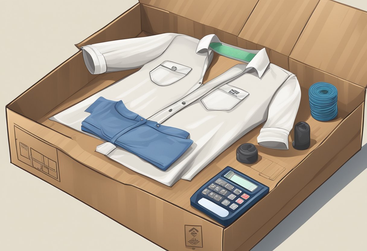 A shirt placed in a cardboard box with packing materials, a shipping label, and a scale for weighing