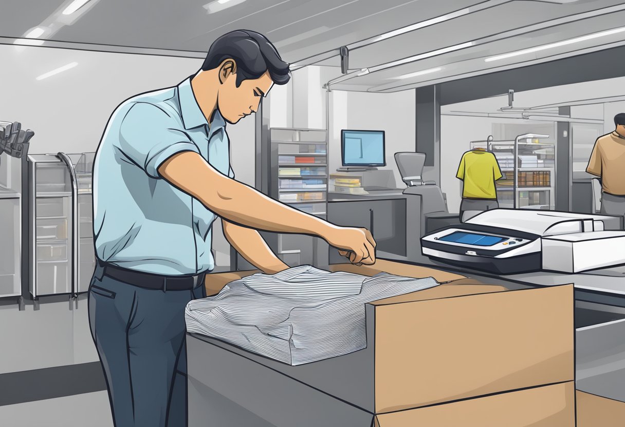 A shirt being packaged and weighed on a scale at a shipping counter