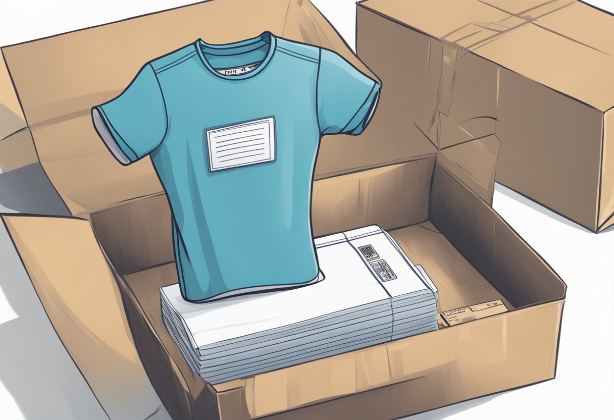 A shirt being placed into a shipping box on a scale, with a shipping label and tape nearby