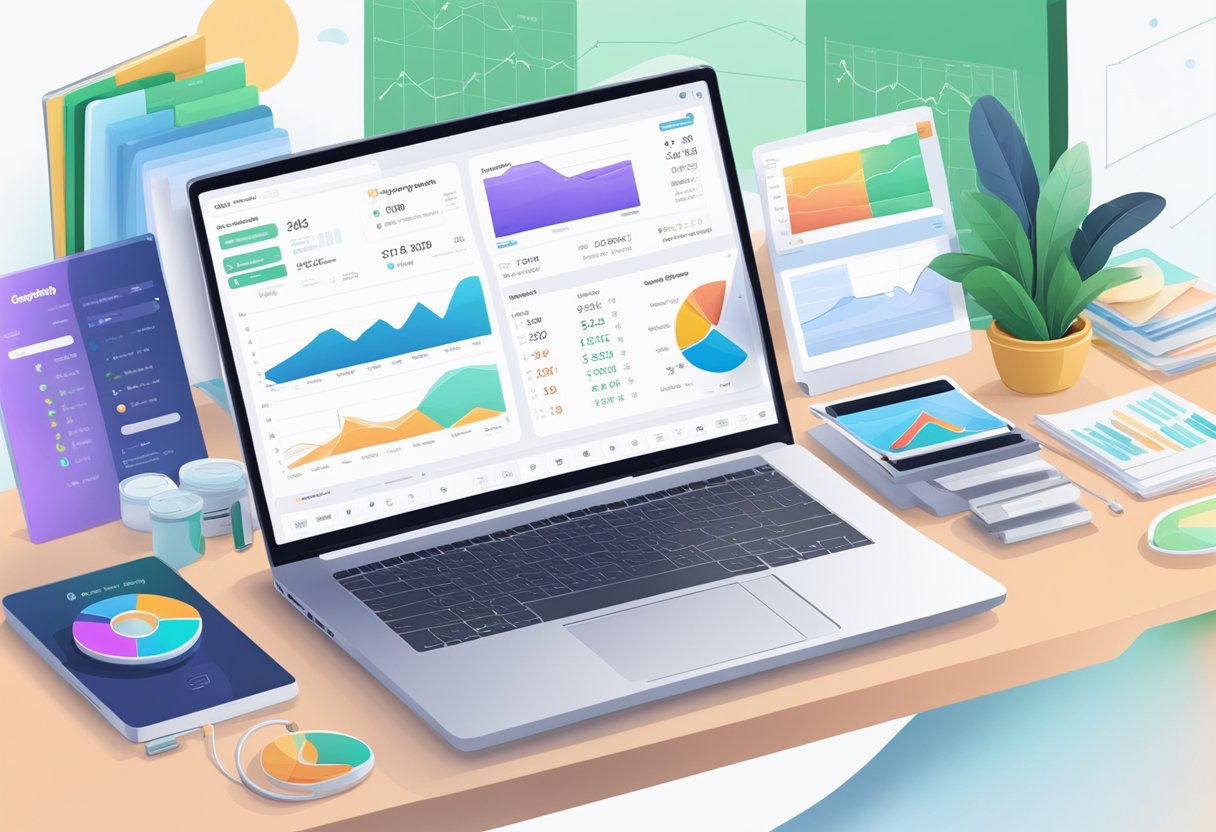 A laptop with a Shopify dashboard open, surrounded by various products and a sales chart showing growth