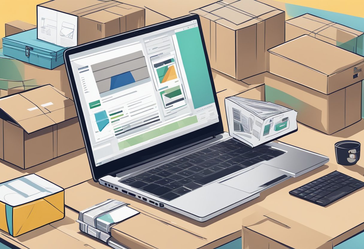 A laptop on a desk with a Shopify website open, surrounded by shipping boxes and product photos