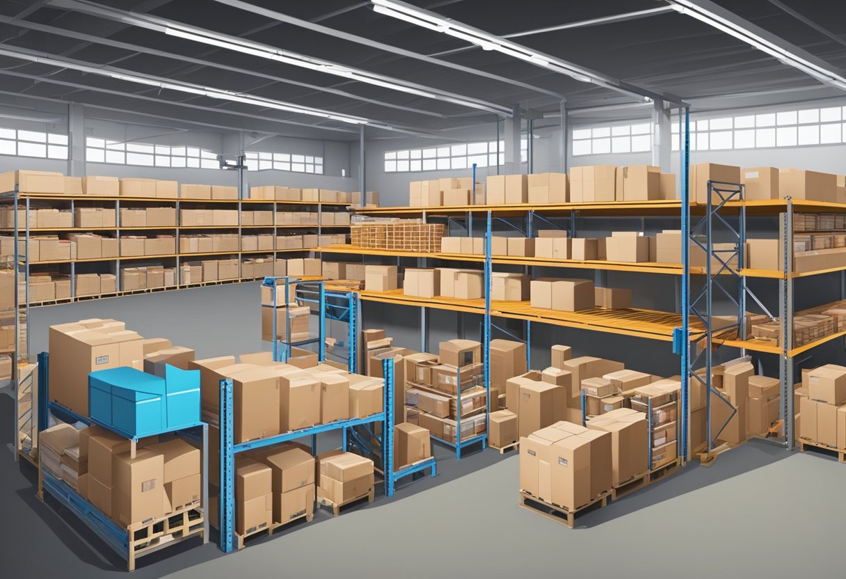 A busy warehouse with shelves of products, a packing station, and shipping area. Online orders are being processed and packaged for shipment